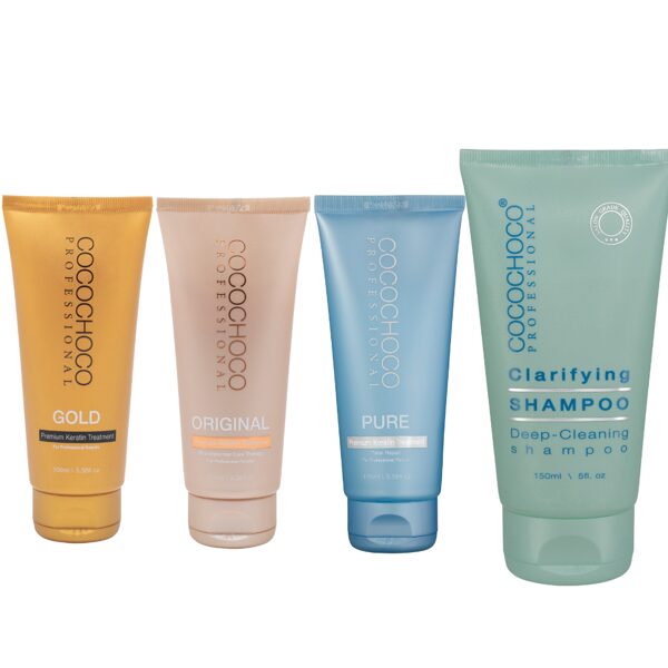 COCOCHOCOCO komplekts četri vienā (COCOCHOCO Original 100ml + COCOCHOCO Pure 100ml + COCOCHOCO 100ml Gold + attīrošais šampūns 150ml