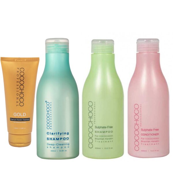 COCOCHOCO Gold 100ml + COCOCHOCO šampūns bez sulfātiem 400ml + COCOCHOCO kondicionieris + COCOCHOCO attīrošais šampūns