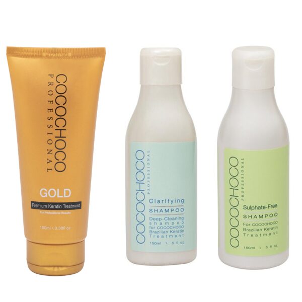 COCOCHOCO Gold sākuma komplekts Nr.1 (COCOCHOCO Gold keratīns 100ml+attīrošais šampūns 150ml + šampūns bez sulfātiem 150ml)